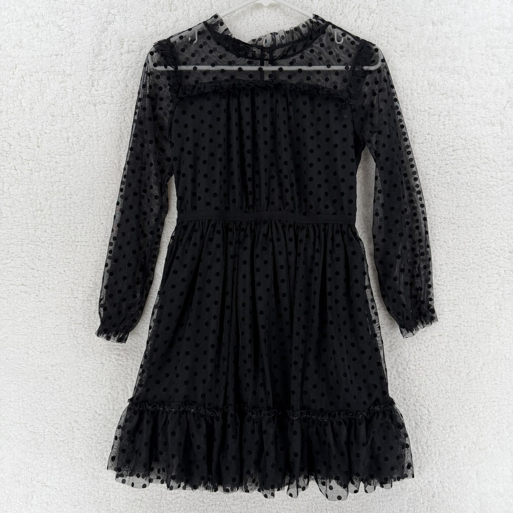 BCBG Girls Dress Girls 16 Black Polka Dot Mesh Long Sleeve Ruffle Hem Party NWT